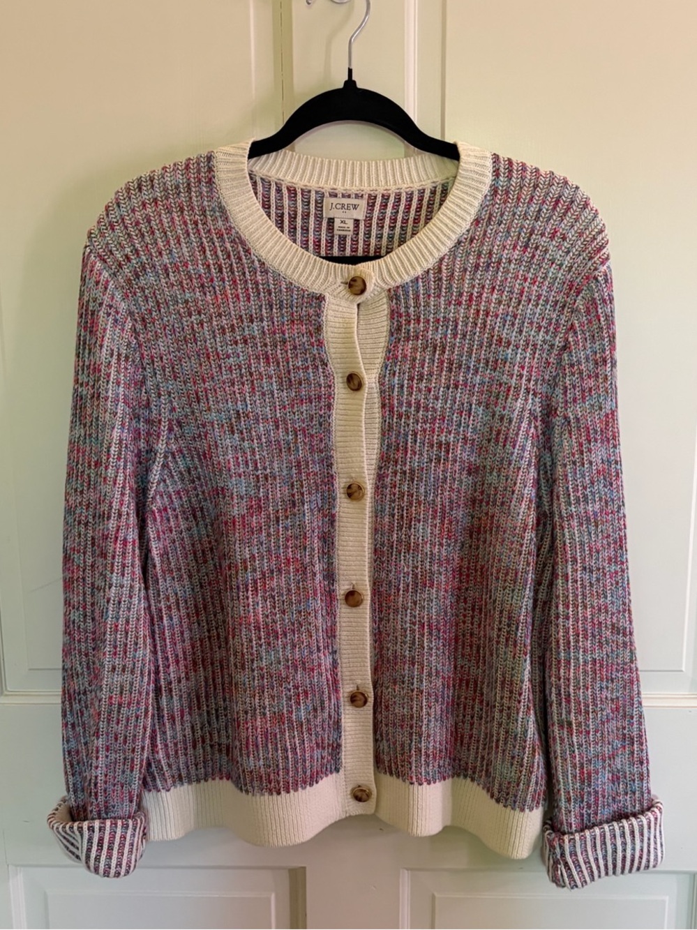 J. Crew Multicolor Ribbed Button-Front Cardigan with Cream Trim